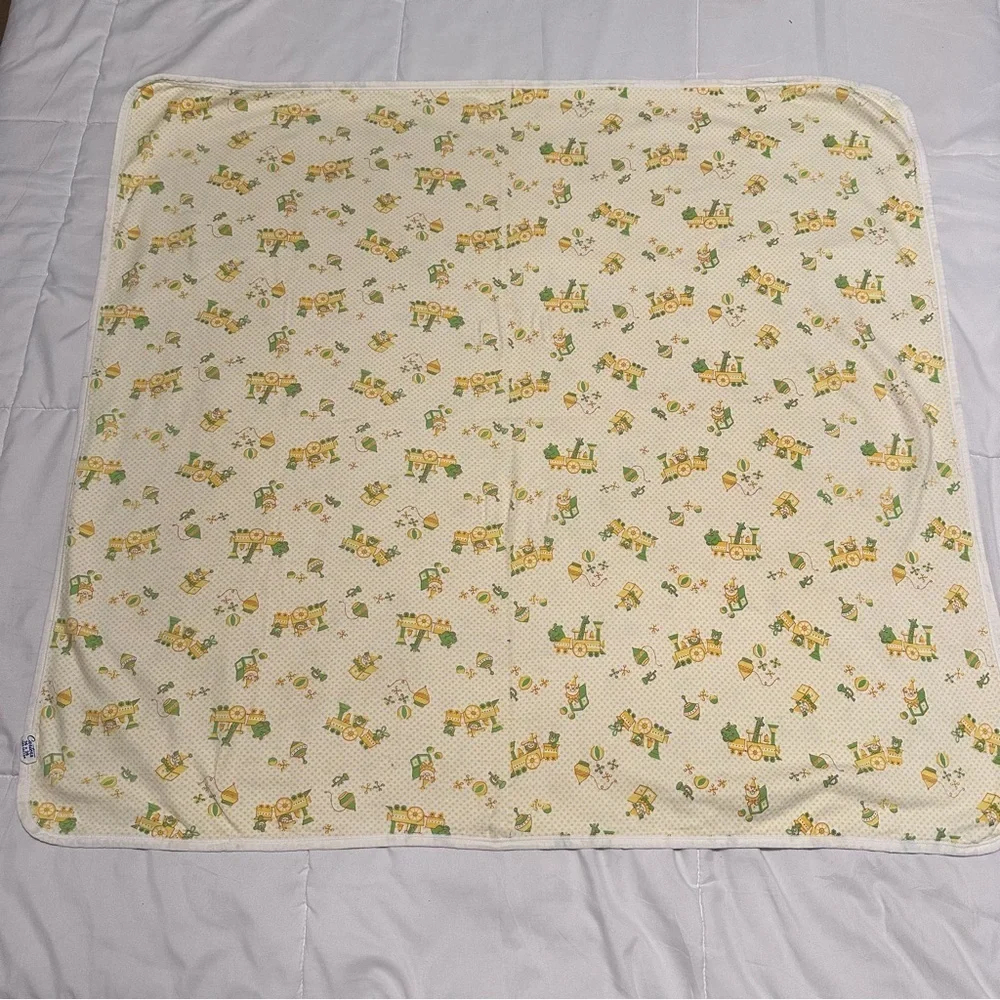 Vintage Carter's Baby Blanket Receiving Yellow Dot Train Toys 36 x 36 Cotton USA